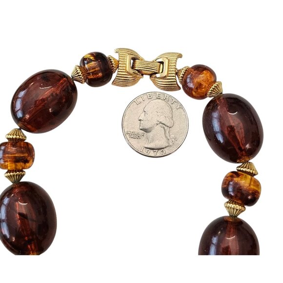 Trifari Crown Over T Faux Amber Bead Necklace, Signed 24"Long - Picture 7 of 9